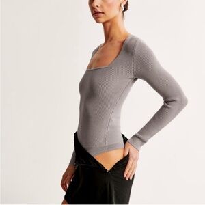 Abercrombie Ribbed Square Neck Long Sleeve Top - Gray